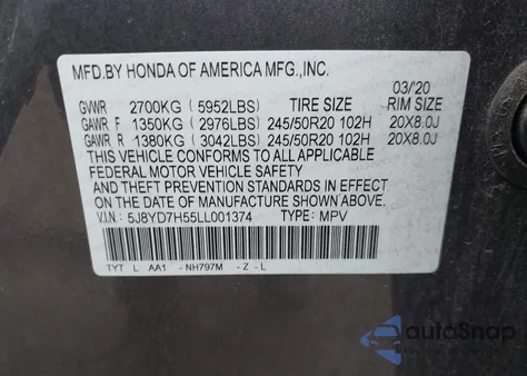2020 Acura Mdx Sport Hybrid Technology Package z USA, uszkodzony, nr VIN 5J8YD7H55LL001374